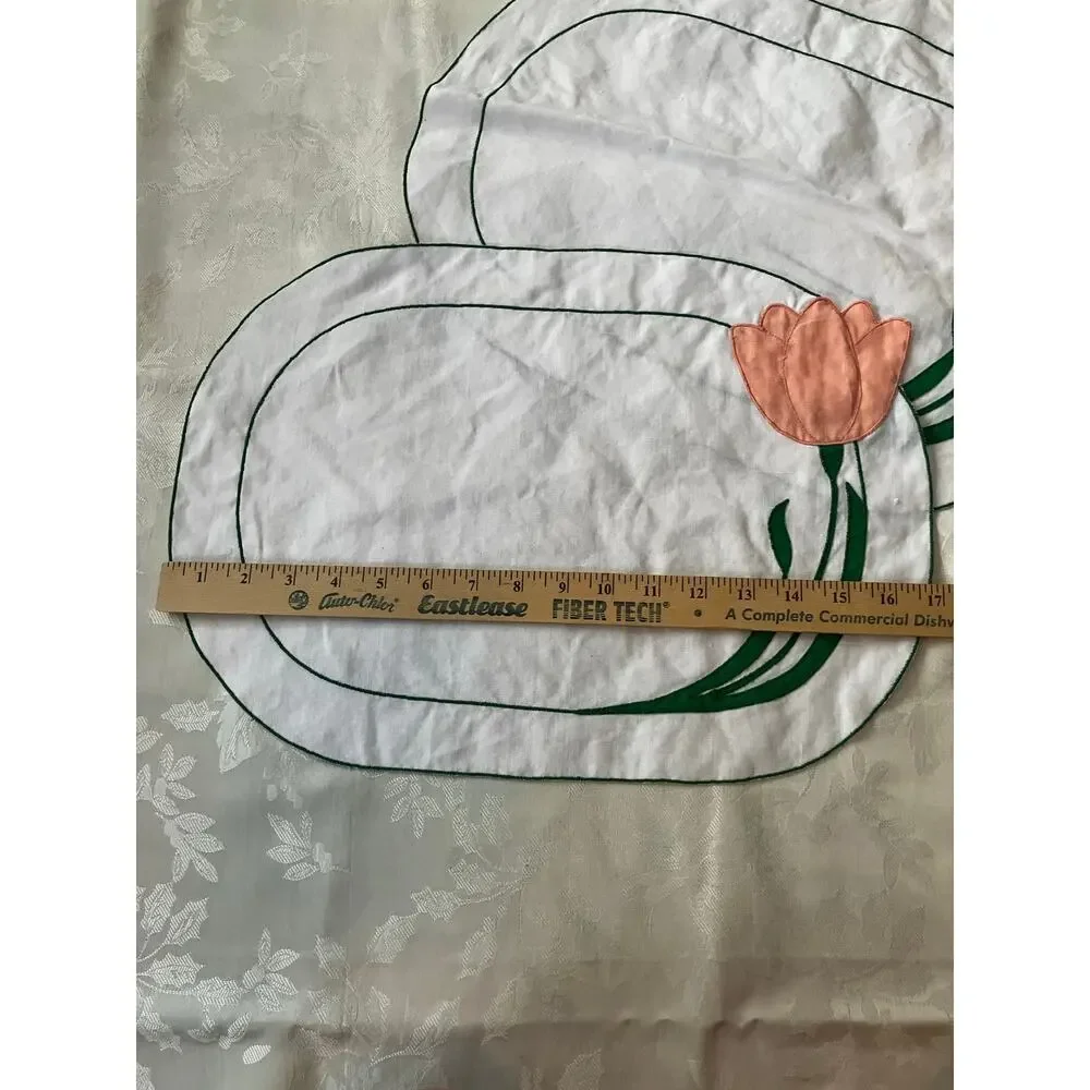Vintage Linen Tulip Placemats Set of 4 White Embroidered Floral Table Mats